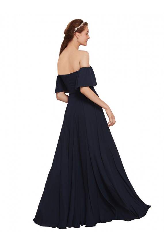 Bleu marine foncé Trapèze Épaule Dénudée Mousseline Longue Robes demoiselle d'honneur / Robes de bal en Gros