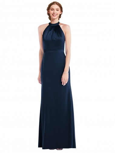 Bleu marine foncé Trompette Col Haut Crêpe Stretch Longue Robes demoiselle d'honneur / Robes de bal en Gros