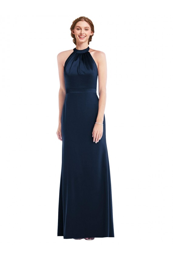 Bleu marine foncé Trompette Col Haut Crêpe Stretch Longue Robes demoiselle d'honneur / Robes de bal en Gros