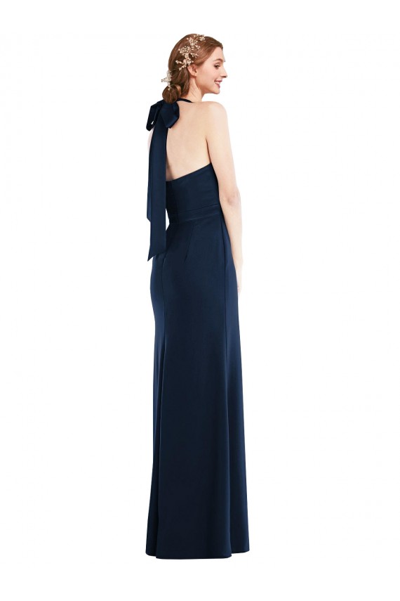 Bleu marine foncé Trompette Col Haut Crêpe Stretch Longue Robes demoiselle d'honneur / Robes de bal en Gros