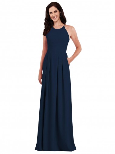 Bleu marine foncé Trompette Licou Crêpe Stretch Longue Robes demoiselle d'honneur en Gros