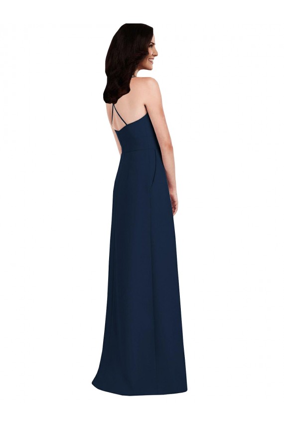 Bleu marine foncé Trompette Licou Crêpe Stretch Longue Robes demoiselle d'honneur en Gros