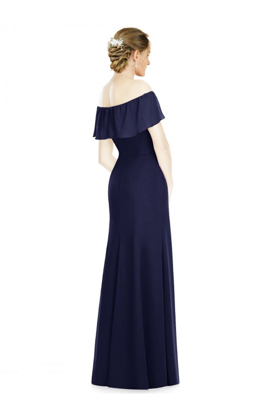 Bleu marine foncé Trompette Épaule Dénudée Mousseline Longue Robes demoiselle d'honneur en Gros