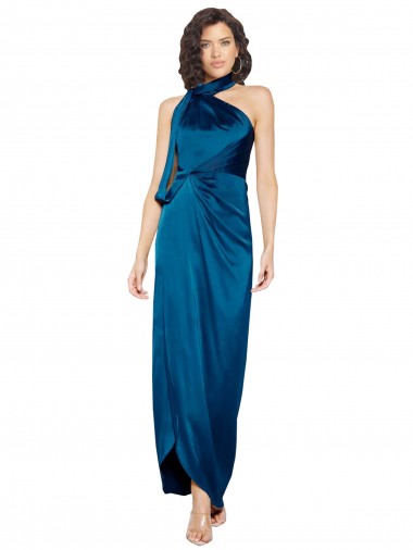 Bleu paon Fourreau Licou Col Haut Satiné Soyeux Longue Formelles Robes demoiselle d'honneur / Robes de soirée / Robes de bal en Gros