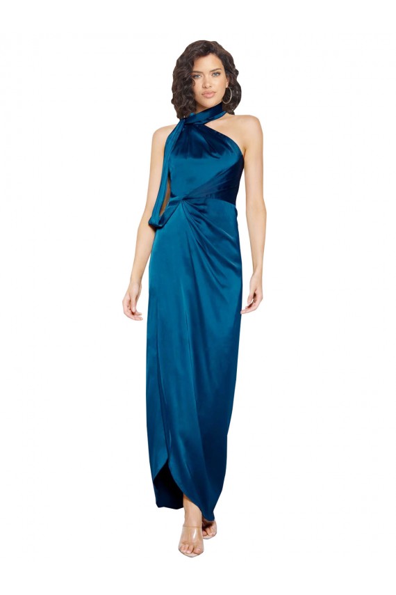 Bleu paon Fourreau Licou Col Haut Satiné Soyeux Longue Formelles Robes demoiselle d'honneur / Robes de soirée / Robes de bal en Gros
