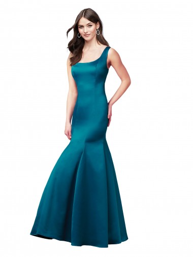 Bleu paon Sirène Bateau Satiné Longue Robes demoiselle d'honneur / Robes de bal en Gros