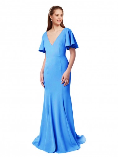 Bleu paon Sirène Col V Balayage train Crêpe Stretch Longue Robes demoiselle d'honneur / Robes de bal en Gros