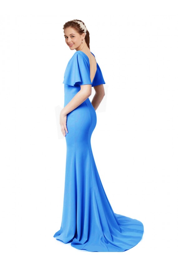 Bleu paon Sirène Col V Balayage train Crêpe Stretch Longue Robes demoiselle d'honneur / Robes de bal en Gros