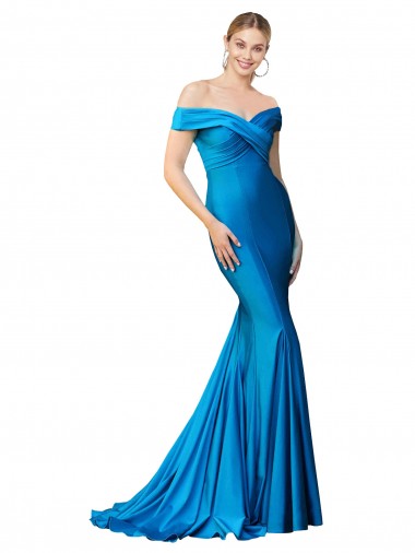 Bleu paon Sirène Épaule Dénudée Satiné Longue Formelles Robes demoiselle d'honneur / Robes de soirée / Robes de bal en Gros