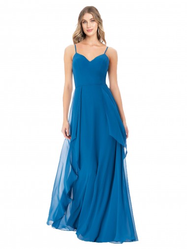 Bleu paon Trapèze Bretelles spaghetti Mousseline Longue Robes demoiselle d'honneur en Gros