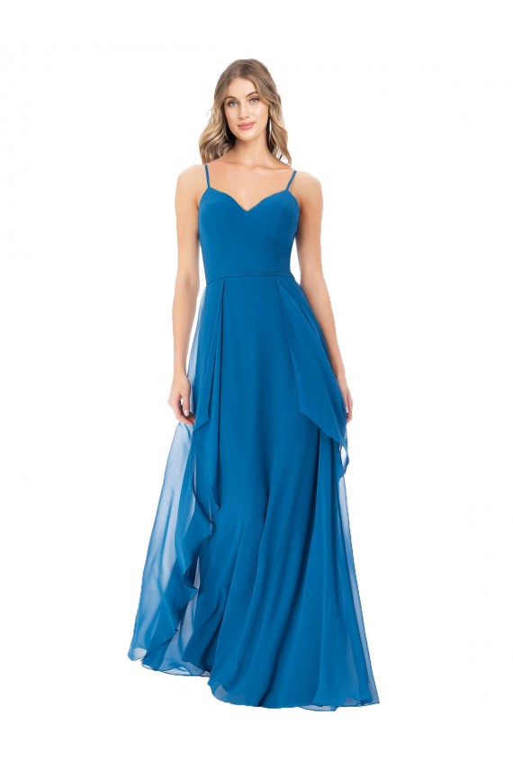 Bleu paon Trapèze Bretelles spaghetti Mousseline Longue Robes demoiselle d'honneur en Gros