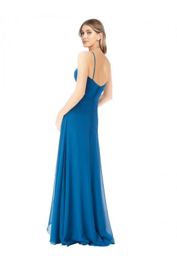 Bleu paon Trapèze Bretelles spaghetti Mousseline Longue Robes demoiselle d'honneur en Gros