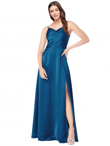 Bleu paon Trapèze Bretelles spaghetti Satiné Soyeux Longue Formelles Robes demoiselle d'honneur / Robes de soirée / Robes de bal en Gros