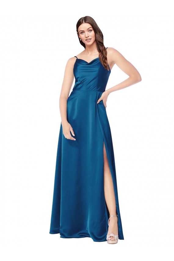 Bleu paon Trapèze Bretelles spaghetti Satiné Soyeux Longue Formelles Robes demoiselle d'honneur / Robes de soirée / Robes de bal en Gros
