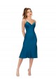 Bleu paon Trapèze Col V midi Satiné Soyeux Courte Robes demoiselle d'honneur / Robes de bal / Robes de cocktail en Gros