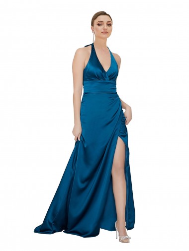 Bleu paon Trapèze Licou Satiné Soyeux Longue Formelles Robes demoiselle d'honneur / Robes de soirée / Robes de bal en Gros