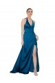 Bleu paon Trapèze Licou Satiné Soyeux Longue Formelles Robes demoiselle d'honneur / Robes de soirée / Robes de bal en Gros
