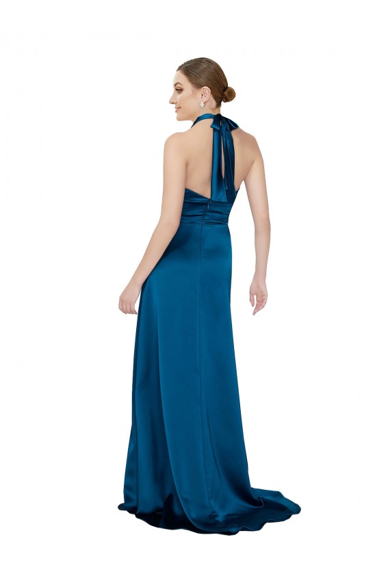 Bleu paon Trapèze Licou Satiné Soyeux Longue Formelles Robes demoiselle d'honneur / Robes de soirée / Robes de bal en Gros