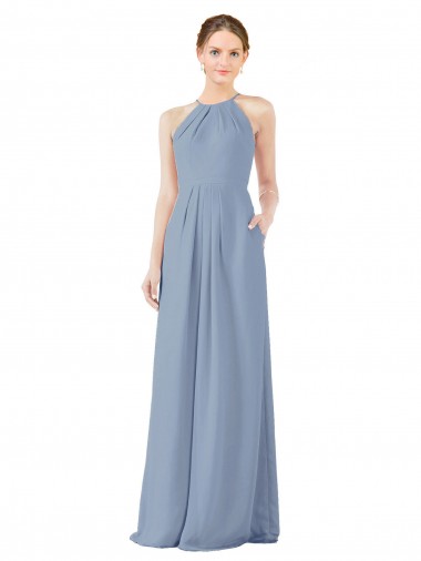 Bleu poussiéreux Fourreau Licou Col Haut Mousseline Longue Robes demoiselle d'honneur en Gros