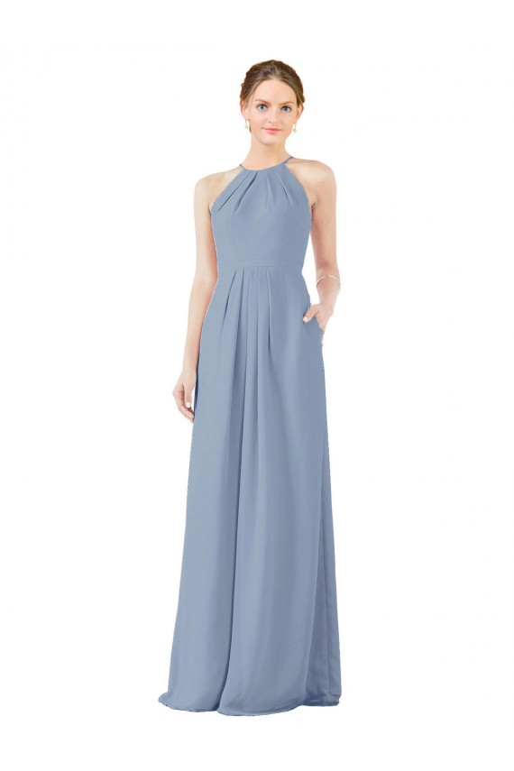 Bleu poussiéreux Fourreau Licou Col Haut Mousseline Longue Robes demoiselle d'honneur en Gros