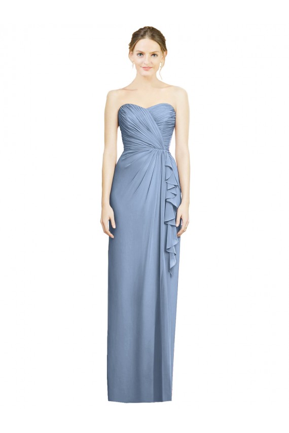 Bleu poussiéreux Fourreau Sans bretelle Mousseline Longue Robes demoiselle d'honneur en Gros