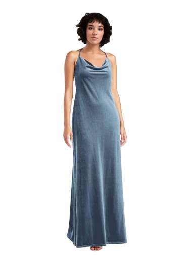 Bleu poussiéreux Fourreau Velours Stretch Longue Robes demoiselle d'honneur / Robes de bal en Gros