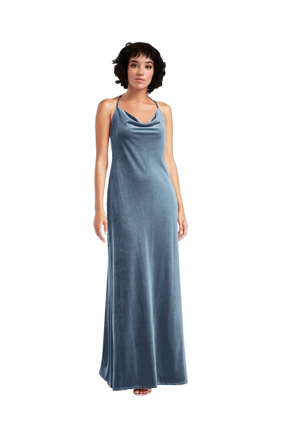 Bleu poussiéreux Fourreau Velours Stretch Longue Robes demoiselle d'honneur / Robes de bal en Gros
