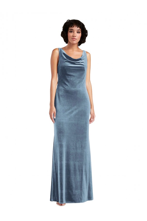 Bleu poussiéreux Fourreau Velours Stretch Longue Robes demoiselle d'honneur / Robes de bal en Gros
