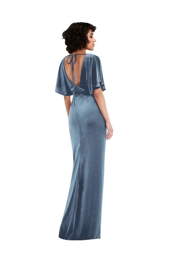 Bleu poussiéreux Fourreau Velours Stretch Longue Robes demoiselle d'honneur / Robes de bal en Gros