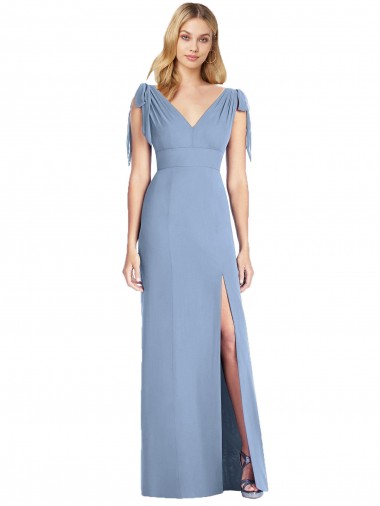 Bleu poussiéreux Sirène Col V Mousseline Longue Robes demoiselle d'honneur en Gros