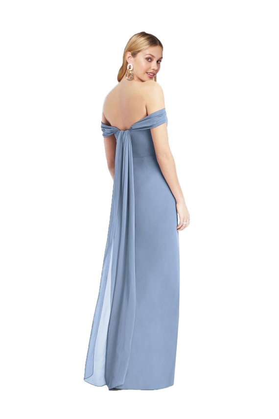 Bleu poussiéreux Sirène Épaule Dénudée Mousseline Longue Robes demoiselle d'honneur en Gros