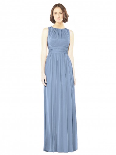Bleu poussiéreux Trapèze Bateau Mousseline Longue Robes demoiselle d'honneur en Gros