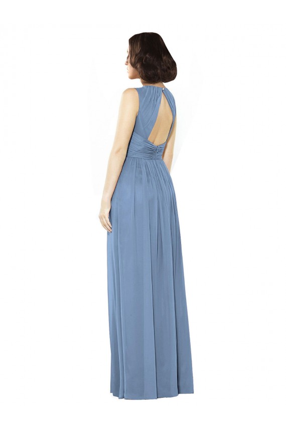 Bleu poussiéreux Trapèze Bateau Mousseline Longue Robes demoiselle d'honneur en Gros
