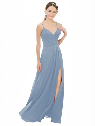 Bleu poussiéreux Trapèze Bretelles spaghetti Col V Mousseline Dentelle Longue Robes demoiselle d'honneur en Gros