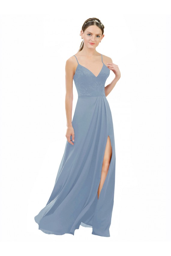 Bleu poussiéreux Trapèze Bretelles spaghetti Col V Mousseline Dentelle Longue Robes demoiselle d'honneur en Gros