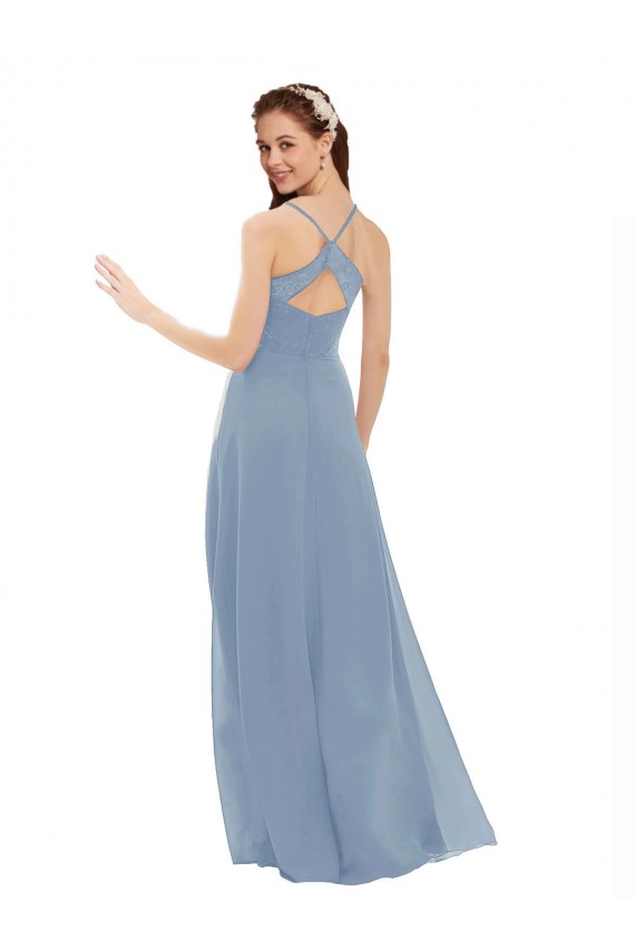 Bleu poussiéreux Trapèze Bretelles spaghetti Col V Mousseline Dentelle Longue Robes demoiselle d'honneur en Gros