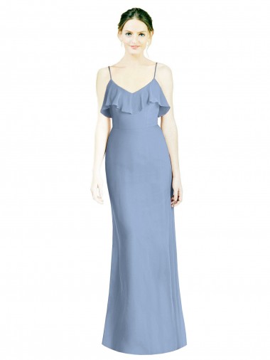 Bleu poussiéreux Trapèze Bretelles spaghetti Col V Mousseline Longue Robes demoiselle d'honneur en Gros