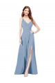 Bleu poussiéreux Trapèze Bretelles spaghetti Col V Mousseline Longue Robes demoiselle d'honneur en Gros