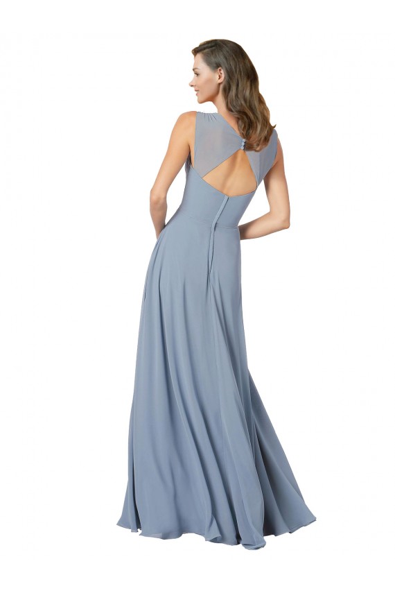 Bleu poussiéreux Trapèze Bretelles spaghetti Col V Mousseline Longue Robes demoiselle d'honneur en Gros