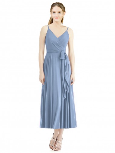 Bleu poussiéreux Trapèze Bretelles spaghetti Mousseline Courte Robes demoiselle d'honneur en Gros