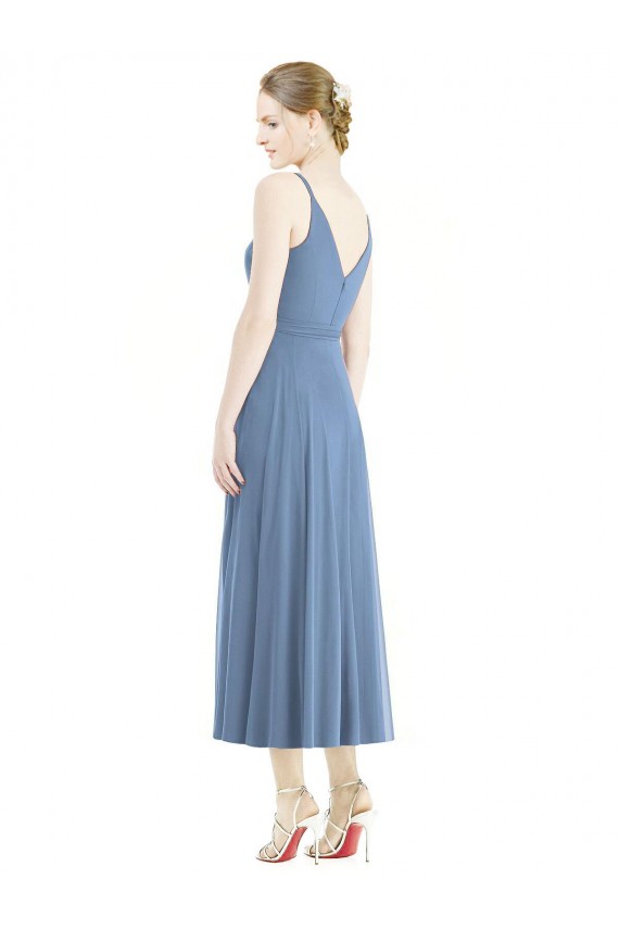 Bleu poussiéreux Trapèze Bretelles spaghetti Mousseline Courte Robes demoiselle d'honneur en Gros