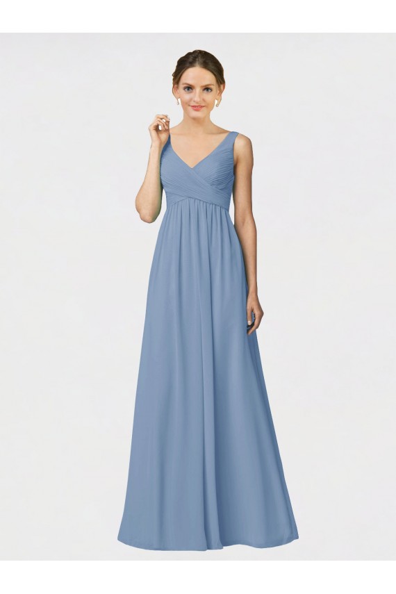 Bleu poussiéreux Trapèze Bretelles spaghetti Mousseline Longue Robes demoiselle d'honneur en Gros