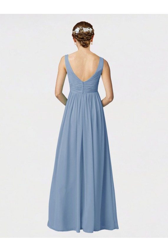 Bleu poussiéreux Trapèze Bretelles spaghetti Mousseline Longue Robes demoiselle d'honneur en Gros