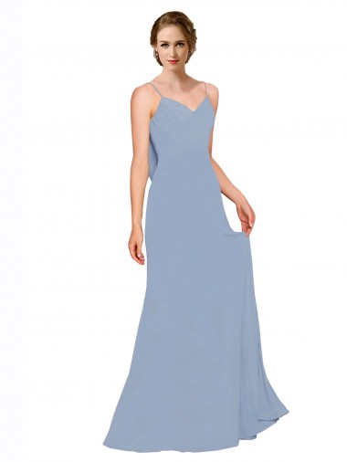 Bleu poussiéreux Trapèze Bretelles spaghetti Mousseline Longue Robes demoiselle d'honneur en Gros