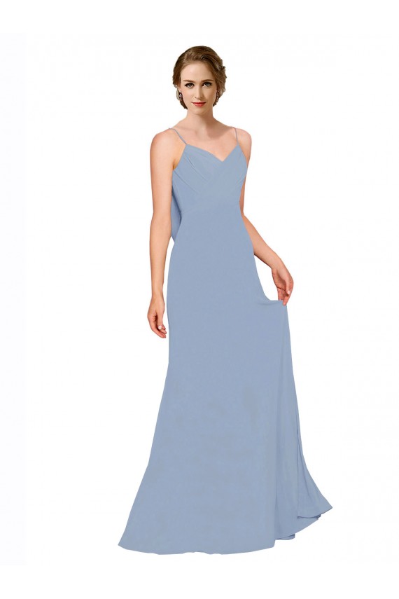 Bleu poussiéreux Trapèze Bretelles spaghetti Mousseline Longue Robes demoiselle d'honneur en Gros