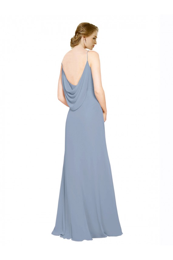 Bleu poussiéreux Trapèze Bretelles spaghetti Mousseline Longue Robes demoiselle d'honneur en Gros