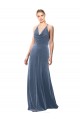 Bleu poussiéreux Trapèze Bretelles spaghetti Velours Stretch Longue Robes demoiselle d'honneur / Robes de bal en Gros