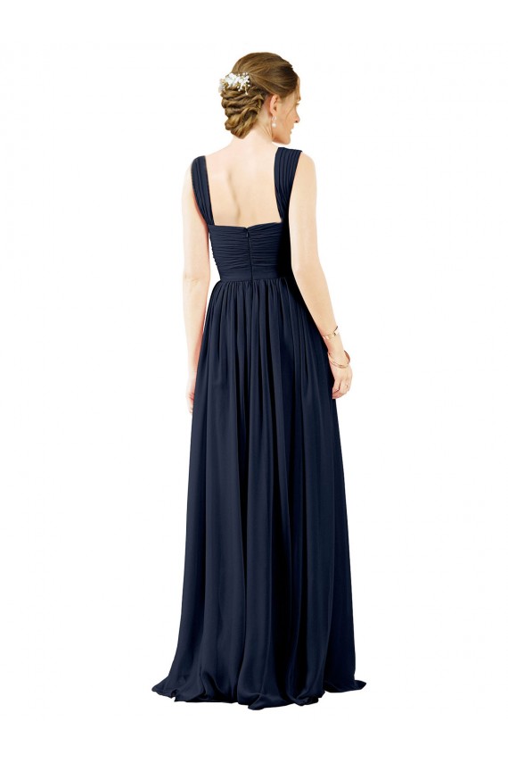 Bleu poussiéreux Trapèze Col Carré Mousseline Longue Robes demoiselle d'honneur en Gros