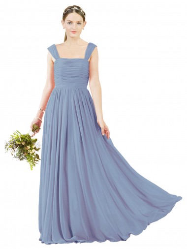 Bleu poussiéreux Trapèze Col Carré Mousseline Longue Robes demoiselle d'honneur en Gros