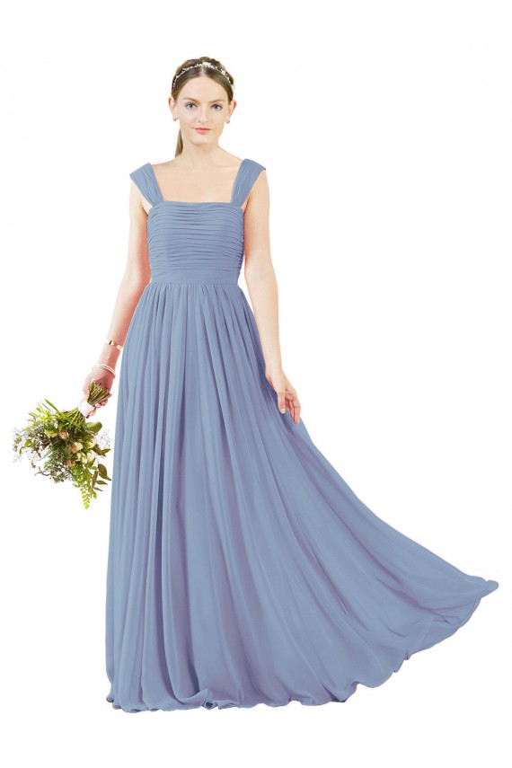 Bleu poussiéreux Trapèze Col Carré Mousseline Longue Robes demoiselle d'honneur en Gros
